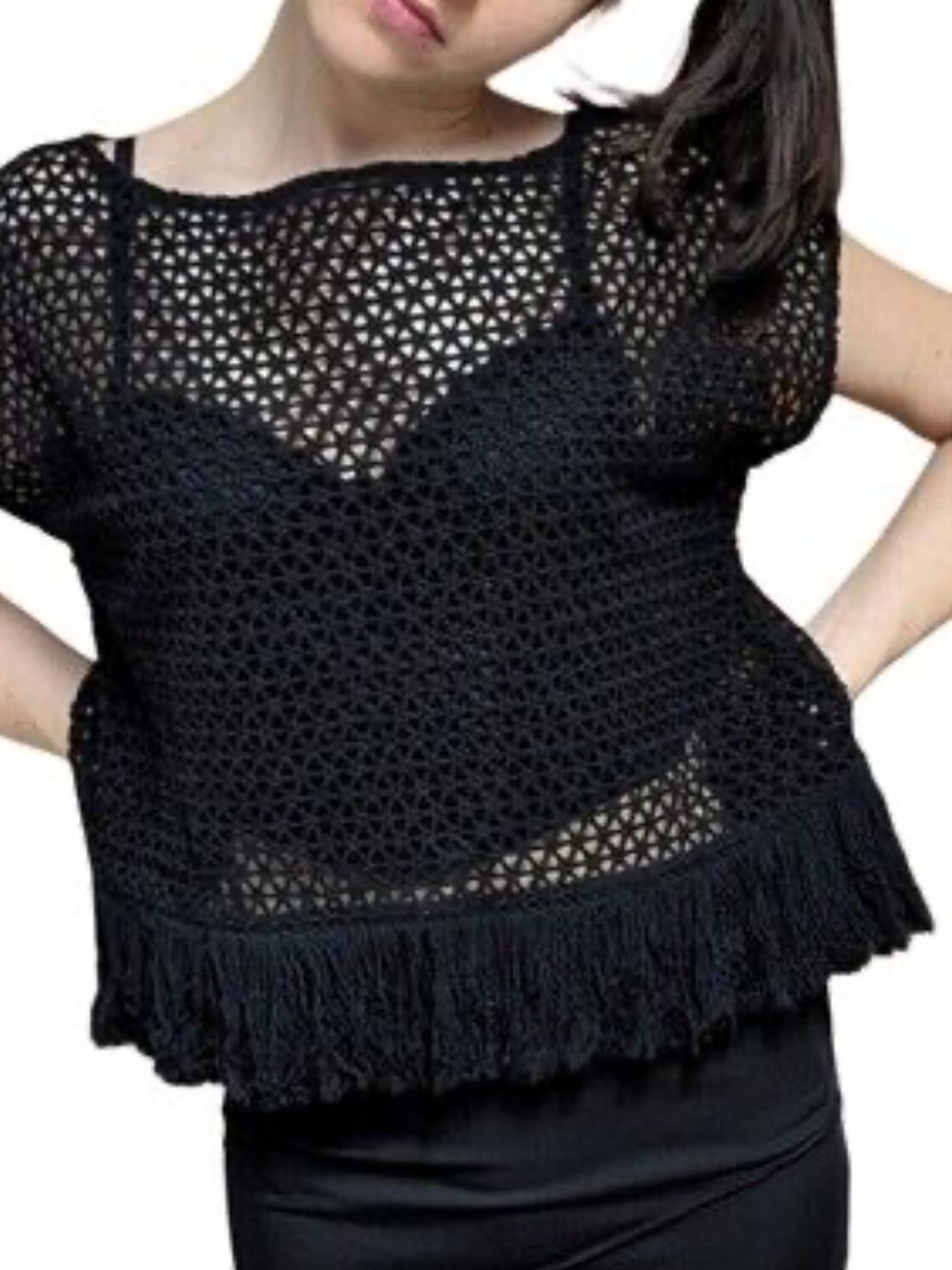 Banana Republic Black Geo Fringe Top Fishnet Crochet Cap Sleeve Festival Boho S